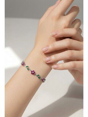 Floral Design Bracelet With Pink & Green stones Adjustable Clasp (SKU#0514)
